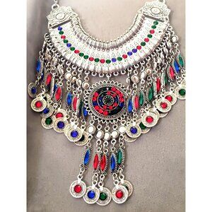 Bohemian Silver Statement Necklace With Multicolor Gem Accents & Dangle Coins